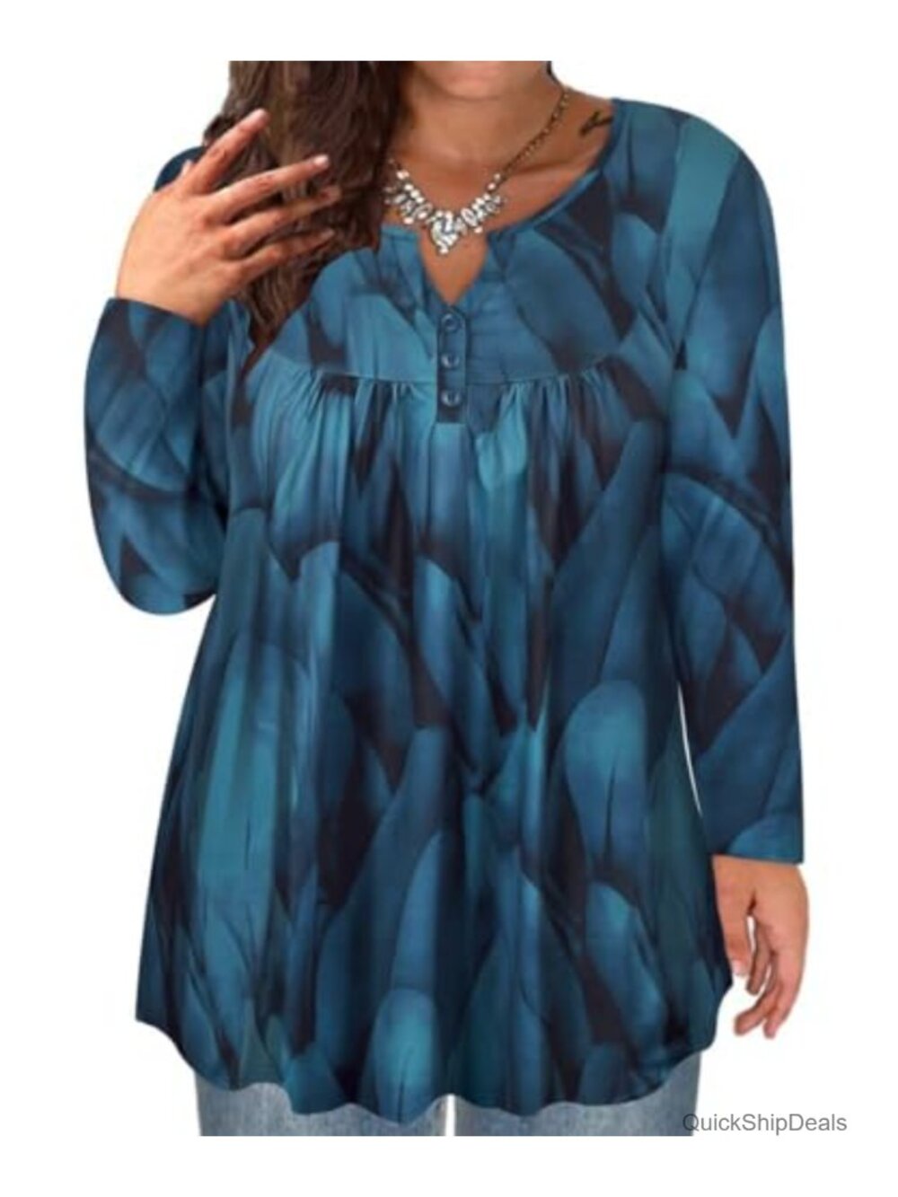 Plus Size Women's Long Sleeve Lace Trim V-Neck Tunic Blouse Top